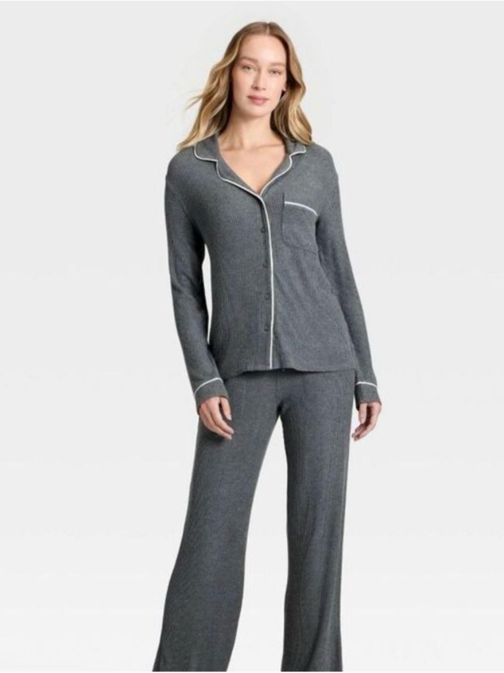 Auden Ribbed Long-Sleeve Pajama Set - Charcoal with White Piping